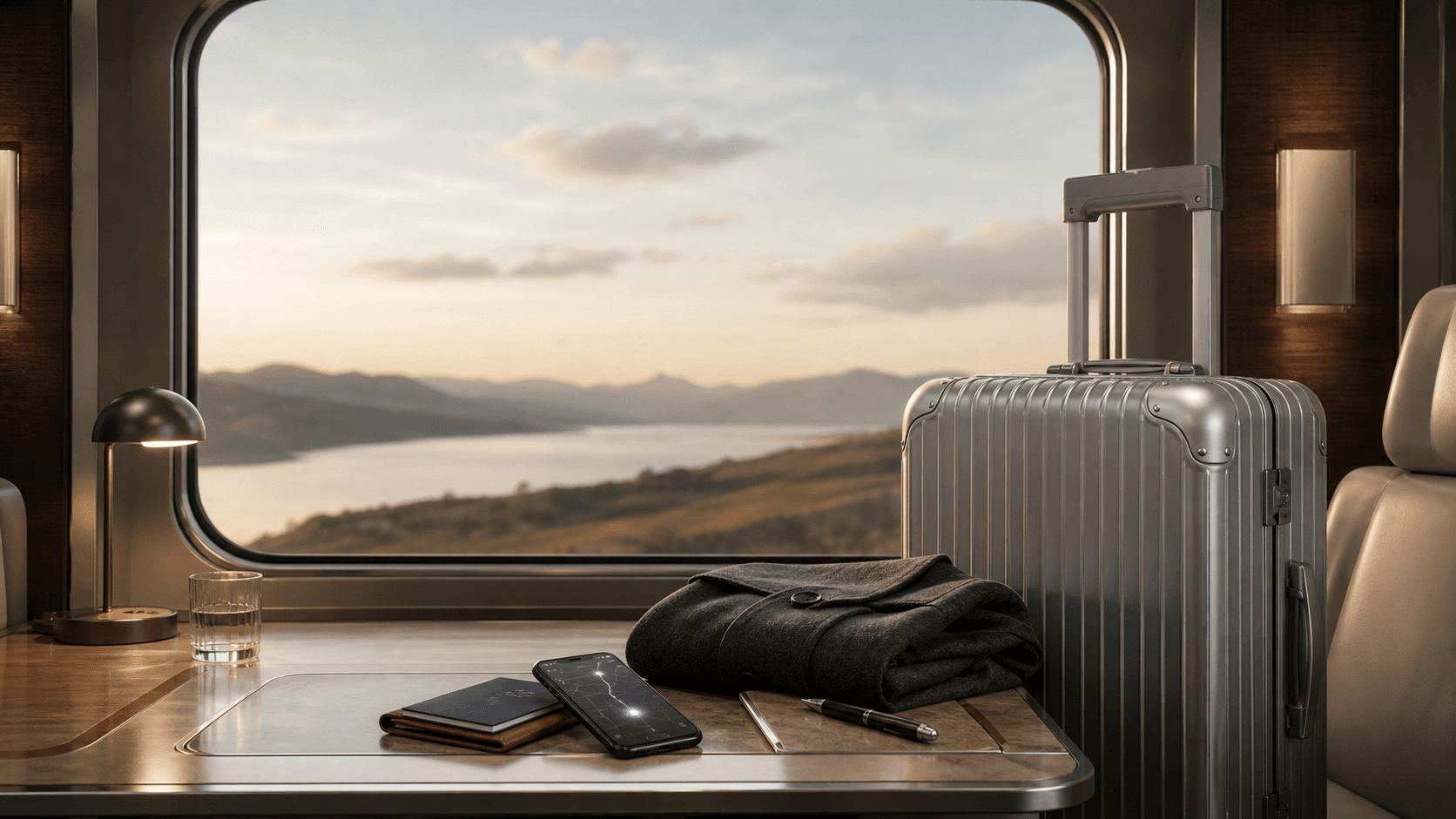 Premium travel cabin with luggage and planning essentials